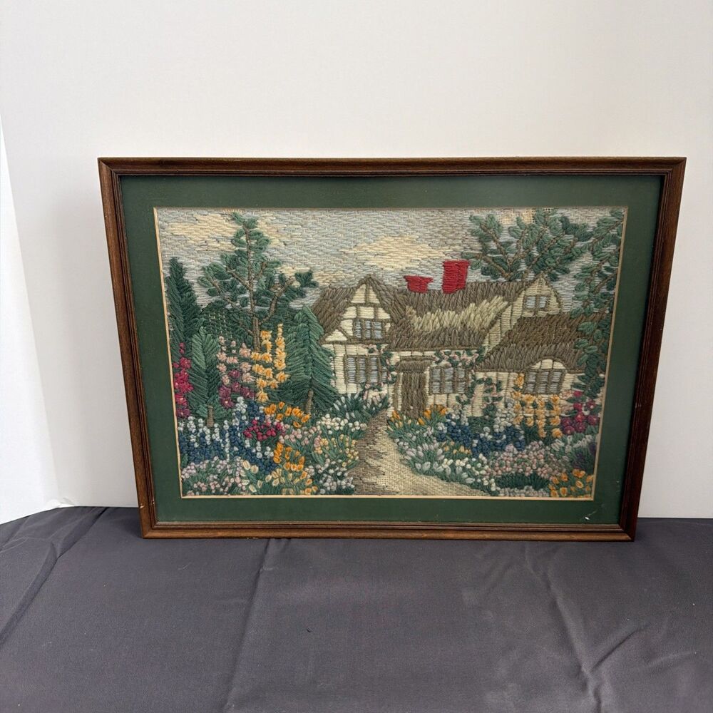 Antique Handmade Framed Crewel Embroidery English Flowers Cottage Garden Art